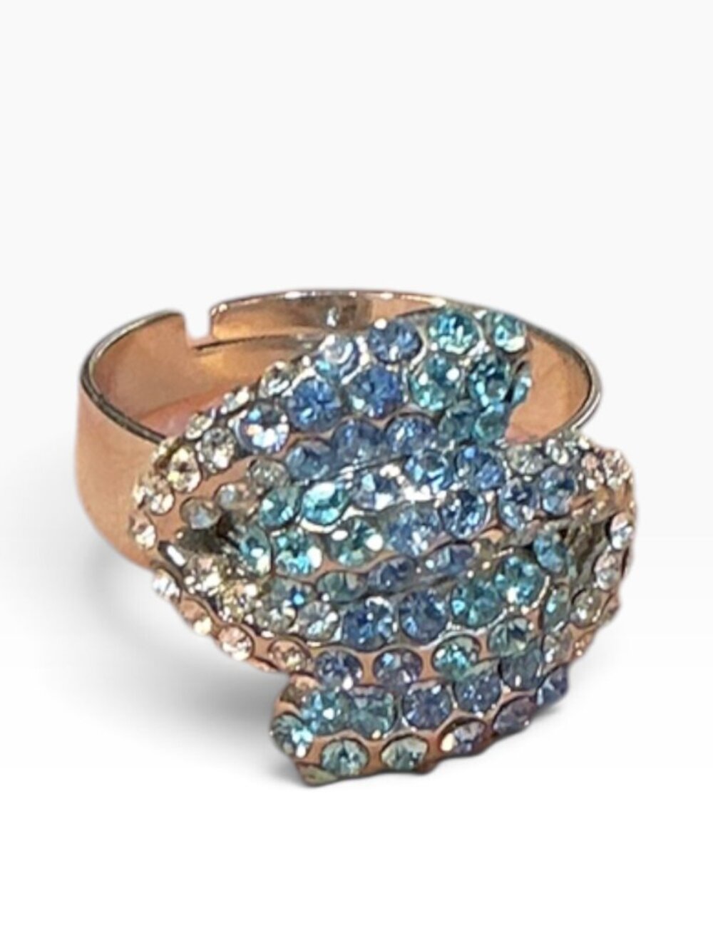 Blue Rhinestone Statement Ring Silver Tone Adjustable Size 10.5 Cocktail Swirl